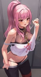 1girls big_breasts breasts cleavage female female_only hololive hololive_english hololive_myth huge_breasts looking_at_viewer mori_calliope nervous onedoo panties pink_hair ponytail red_eyes sweat taking_clothes_off transparent_clothing virtual_youtuber wide_hips