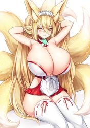 1girls apron bindong blonde_hair blonde_tail blush breasts breasts_out fox_ears fox_girl fox_tail hakama_skirt headband hirume_of_heavenly_incense large_breasts last_origin looking_at_viewer miko necklace smile thick_thighs thighhighs yellow_eyes