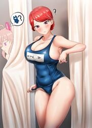 1girls athletic athletic_female blush c-77_hongryeon embarrassed fit fit_female last_origin muscular muscular_female red_hair swimsuit t-14_miho tight