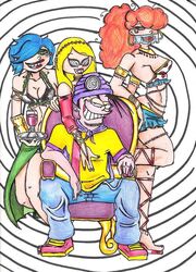 blonde_hair blue_hair cleavage ed_edd_n_eddy eddy_(ed_edd_n_eddy) happy_trance hypnosis kanker_sisters large_breasts lee_kanker lipstick maledom marie_kanker may_kanker multiple_girls older_female older_male red_hair sideways_glance spiral_eyes throne