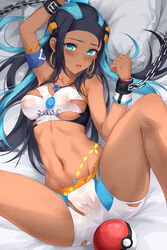 1girls armband bed belly_chain blue_eyes blue_hair blush breasts camera chained devil_heavens earrings eye_contact female game_freak gym_leader hoop_earrings looking_at_viewer minishorts necklace nessa_(pokemon) nintendo nipple_bulge nipples on_bed pokeball pokemon pokemon_ss ripped_clothing shorts spread_legs thick_thighs thighs tight_clothing two_tone_hair wet_clothes