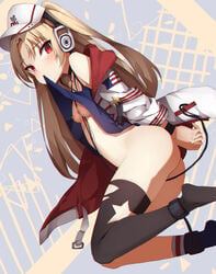 areolae arms_behind_back ass asymmetrical_legwear azur_lane bangs bare_shoulders black_choker black_legwear blonde_hair blush bondage bottomless bound_wrists breasts censored choker cleveland_(azur_lane) cleveland_(road_trip!)_(azur_lane) female headphones jacket lifted_by_self long_sleeves looking_at_viewer neeru nipples off_shoulder one_side_up red_eyes shirt shirt_in_mouth shirt_lift small_breasts solo tank_top thighhighs tied_up vagina visor_cap wristband