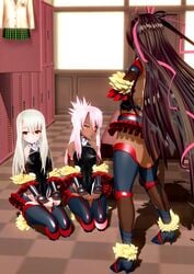 3d 3girls amber_eyes breasts brown_hair chloe_von_einzbern crossover dark_skin fate/grand_order fate/kaleid_liner_prisma_illya fate_(series) female female_only fingerless_gloves fishnets gloves hair_ribbons high_heels illyasviel_von_einzbern kneeling leotard locker_room long_hair looking_away microskirt midriff mizuki_yukikaze multiple_girls navel negakura_imu nipples nipples_visible_through_clothing pale_skin pink_hair red_eyes small_breasts tagme taimanin taimanin_asagi taimanin_suit taimanin_yukikaze tan tan_skin thighhighs thighs very_long_hair white_hair