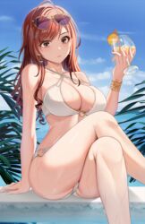 ahoge arisugawa_natsuha asato_mai bangs bare_shoulders bikini blush breasts brown_eyes cleavage collarbone commentary_request criss-cross_halter cup drinking_straw earrings eyebrows_visible_through_hair eyewear_on_head feet_out_of_frame female food fruit halter_top halterneck hand_up highres holding holding_cup idolmaster idolmaster_shiny_colors jewelry large_breasts long_hair looking_at_viewer orange orange_(fruit) orange_slice red_hair sitting solo sunglasses swimsuit wet white_bikini