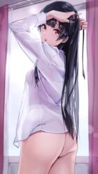 arms_behind_head ass bangs black_hair blunt_bangs breasts brown_eyes bubble_butt commentary_request curtains female highres idolmaster idolmaster_shiny_colors long_hair looking_at_viewer mayuzumi_fuyuko medium_breasts musunde_hiraite_(mh5jta) no_panties open_mouth shirt solo white_shirt window