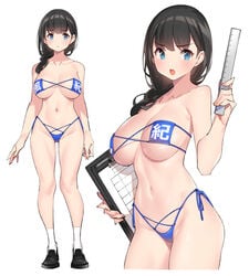 1girls big_breasts bikini black_hair blue_eyes curvy_figure eyepatch_bikini female female_only large_breasts legs meme_attire midriff original original_character pop_kyun public_morals_bikini ruler side-tie_bikini solo solo_female swimsuit thick thighs