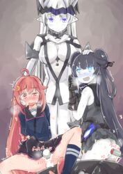 3girls absurdres abyssal_ship anal black_hair blue_eyes blush crescent crescent_hair_ornament dildo double_penetration enjaku_izuku eyebrows_visible_through_hair glowing glowing_eyes hair_ornament hand_on_another's_face headpat highres kantai_collection light_cruiser_oni long_hair multiple_girls new_souther new_southern_battleship_hime new_southern_battleship_princess orange_eyes orange_hair pale_skin pointy_ears sex_toy shinkaisei-kan sweat uzuki_(kantai_collection) vaginal_penetration vibrator white_hair yuri