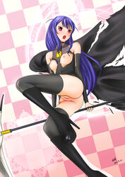 blue_hair breasts cape collar gsq haqua_du_lot_herminium heel_boots kami_nomi_zo_shiru_sekai long_hair nipples red_eyes scythe stockings torn_clothes