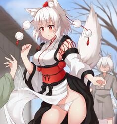 animal_ears assisted_exposure blush bow_panties breasts dress_lift female momiji_inubashiri panties public red_eyes sideboob standing sweatdrop tagme tail tksand touhou white_hair white_panties wolf_ears wolf_girl wolf_tail