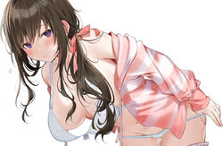 bangs bent_over blush bra breasts brown_hair cleavage closed_mouth female hair_ribbon highres jacket large_breasts long_hair long_sleeves looking_at_viewer mole mole_on_breast mole_under_eye original panties pink_jacket ponytail purple_eyes ribbon simple_background solo underwear undressing white_background white_bra white_panties xretakex