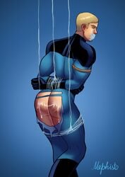 1boy after_anal arms_tied_behind_back bara blonde_hair blue_background bondage cum_dripping cum_in_ass cum_leaking cum_on_ass fantastic_four gag gagged gay human_torch johnny_storm male male_only marvel mephisto mephisto(artist) torn_bodysuit webbing