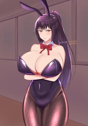 1girls artist_name big_breasts black_hair breasts bunny_ears bunnysuit cleavage clothed clothing female_focus female_only fishnets hi_res huge_breasts lingerie long_hair pantyhose patreon please_don't_bully_me,_nagatoro pose president_(nagatoro) purple_hair red_eyes revealing_clothes sana_sunomiya simple_background solo suppuri watermark wide_hips