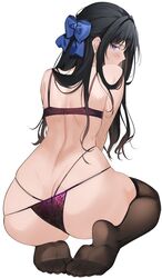 absurdres ass back bangs black_hair blush bow bra female from_behind hairbow highres long_hair looking_at_viewer looking_back mole mole_under_eye original panties purple_bra purple_eyes purple_panties sidelocks skindentation solo string_panties thighhighs thighs underwear xretakex