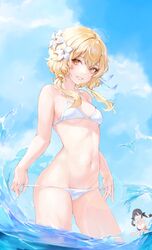 2girls bikini blonde_hair female_only genshin_impact hiki_niito hikinito_(leviathan) lumine_(genshin_impact) mona_(genshin_impact)