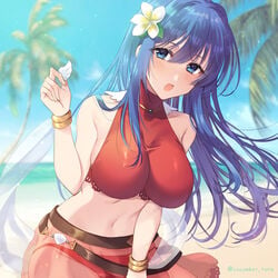 1girls alternate_costume awayuki_ramika bare_shoulders beach bikini blue_eyes blue_hair blush bracelet breasts caeda_(fire_emblem) caeda_(summer)_(fire_emblem) commentary commentary_request day female fire_emblem fire_emblem:_mystery_of_the_emblem fire_emblem:_shadow_dragon_and_the_blade_of_light fire_emblem_heroes flower hair_flower hair_ornament jewelry large_breasts looking_at_viewer midriff navel nintendo open_mouth palm_tree red_bikini red_swimsuit sarong see-through shell sideboob smile solo_female swimsuit tree