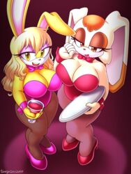 2girls anthro breast_squish breast_to_breast breasts bunnie_rabbot bunny bunny_ears casino club fur furry high_heels huge_breasts omegasunburst rabbit rabbit_humanoid sega sonic_(series) sonic_the_hedgehog_(series) tit_to_tit vanilla_the_rabbit wine yuri