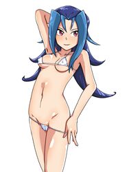 abdomen bikini blue_hair blush erect_nipples female hi_res kamishiro_rio looking_at_another navel one_arm_up pose red_eyes rio_kamishiro shounen_jump smile tajima_hal underwear white_background yu-gi-oh! yu-gi-oh!_zexal