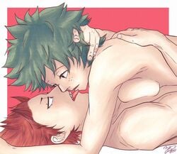 1boy 1boy1girl 1girls breast_on_chest breast_press breasts eijirou_kirishima embrace eye_contact female female_deku freckles genderswap_(mtf) green_hair hand_in_hair hand_on_head izuku_midoriya kissing laying_on_person male male/female my_hero_academia red_hair rule_63 sharp_teeth straight tongue_out