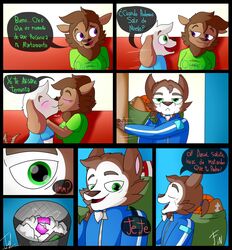 absurd_res angel_(character) anthro bag canid canine canis comic daniel domestic_dog father female green_eyes hi_res humanoid kissing lechugansfw male male/female mammal parent partially_translated pink_blush purple_eyes sport text translated translation_check translation_request wolf