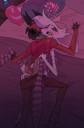 2boys ahe_gao alastor_(hazbin_hotel) anal anal_sex angel_dust_(hazbin_hotel) ass blush clothed deer demon gay grabbing_sheets hand_on_ass hand_on_back hand_on_leg hazbin_hotel holding_hands implied_sex legs_up looking_pleasured male male/male male_only naked nude on_back on_bed one_eye_closed open_mouth panties panties_around_leg pants_down psychicpains red_hair sharp_teeth shirt_lift spider spread_legs tail tears thighhighs thighs trembling white_fur white_hair yaoi