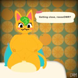 1:1 animal_crossing anthro big_breasts breasts dimsun domestic_cat duo felid feline felis female female_focus female_on_top freckles human male male/female mammal nintendo on_top speech_bubble tangy_(animal_crossing) video_games villager_(animal_crossing)