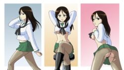 anus ass black_hair black_legwear blue_background blue_eyes blush border breasts closed_mouth clothes_lift crossed_legs doodlepoodle female girls_und_panzer gradient gradient_background highres large_breasts long_hair looking_at_viewer looking_back midriff miniskirt multiple_views navel nipples no_bra nonna ooarai_school_uniform orange_background pantyhose pink_background pleated_skirt pussy ripped_pantyhose school_uniform shiny shiny_hair shirt_lift simple_background skirt smile torn_clothes torn_legwear torn_pantyhose underboob white_border