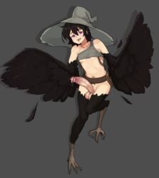 1futa absurdres animal_feet bangs bar_censor bare_shoulders belt big_penis bird_legs black_feathers black_hair book bottomless breasts censored commentary commission ear_piercing earrings ellias_weird_(worstwarlock) english_commentary eyebrow_piercing eyebrows_behind_hair feathered_wings feathers futa_only futanari grey_background hair_between_eyes harpy hat highres humanoid humanoid_penis jewelry light-skinned_futanari light_skin lip_piercing midriff monster_girl navel navel_piercing original pale_skin penis piercing precum purple_eyes shadow short_hair small_breasts solo talons testicles todding winged_arms wings witch_hat