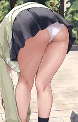 adjusting_clothes adjusting_shoe ass bent_over black_skirt commentary_request female head_out_of_frame highres kneepits legs long_sleeves musunde_hiraite_(mh5jta) original outdoors panties skirt socks solo standing thighs underwear upskirt white_panties