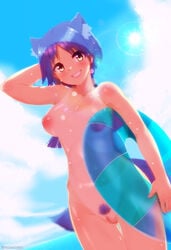 absurdres animal_ears arm_up beach fennecpotato galil_ar_(upotte!!) highres md5_mismatch nude pubic_hair purple_hair smile tail tan tanline upotte!! wet