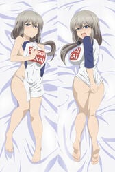 1girls alternate_costume back_view bare_legs barefoot before_and_after big_breasts blue_eyes blunt_bangs blush blushing_at_viewer breasts busty cleavage closed_mouth correct_artstyle covering covering_breasts covering_self curvaceous curvy curvy_body curvy_female curvy_figure dakimakura embarrassed embarrassed_nude_female feet front_view functionally_nude grey_hair high_resolution huge_breasts light-skinned_female light_skin long_hair looking_at_viewer looking_back lying lying_on_back lying_on_bed lying_on_stomach mature mature_female milf mother no_bra open_eyes open_mouth paipan pale_skin panties partially_clothed petite shiny shiny_hair shiny_skin shirt shirt_pull shirt_removed side_ponytail skindentation slim_waist smaller_female soles split_screen toes underwear uzaki-chan_wa_asobitai! uzaki_hana_(cosplay) uzaki_tsuki wavy_mouth wide_hips zorzero