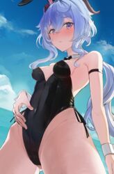 black_leotard blue_hair blush bow breasts bunny_ears female ganyu_(genshin_impact) genshin_impact groin highleg highleg_leotard highres horns leotard looking_at_viewer playboy_bunny purple_eyes small_breasts solo strigidae wrist_cuffs