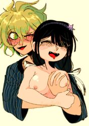 1boy chabashira_tenko clothed_male_nude_female danganronpa danganronpa_v3 drooling_tongue green_eyes green_hair groping groping_breasts groping_from_behind new_danganronpa_v3 rantaro_amami straight straight_hair tagme winking