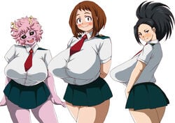 3girls big_breasts clothing female_only fully_clothed hi_res huge_breasts mina_ashido momo_yaoyorozu my_hero_academia ochako_uraraka pink_hair pink_skin sacaprico sagging_breasts school_uniform schoolgirl skirt