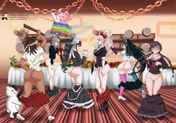 6girls ass bottomless celestia_ludenberg danganronpa danganronpa:_trigger_happy_havoc danganronpa_1 danganronpa_2:_goodbye_despair embarrassed embarrassed_nude_female enf exposed exposed_ass exposed_pussy feather-coat fukawa_touko junko_enoshima large_ass mioda_ibuki monokuma monomi_(danganronpa) multiple_girls owari_akane pantsing pekoyama_peko pussy skirt_down straight_hair super_danganronpa_2 thick_ass thick_thighs thighs