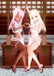 2girls 3d amber_eyes belly_shirt belly_tattoo blush breasts chloe_von_einzbern condom condom_accessories condom_belt condom_in_mouth condom_skirt condom_wrapper condoms cum cum_in_condom dark_skin fate/grand_order fate/kaleid_liner_prisma_illya fate_(series) female female_only holding_hands illyasviel_von_einzbern incest loincloth long_hair looking_at_viewer midriff multiple_girls navel negakura_imu open_toe_shoes pale_skin pink_hair public red_eyes sandals shrine shrine_maiden sisters small_breasts tan tan_skin tattoo used_condom white_hair