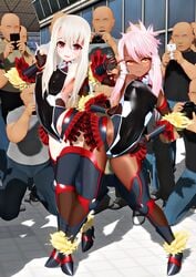 2girls 3d amber_eyes breasts camera chloe_von_einzbern convention cosplay crossover_cosplay dark_skin fate/grand_order fate/kaleid_liner_prisma_illya fate_(series) female fingerless_gloves fishnets gloves high_heels illyasviel_von_einzbern leotard long_hair looking_at_viewer male microskirt midriff mizuki_yukikaze_(cosplay) multiple_boys multiple_girls negakura_imu nipples nipples_visible_through_clothing outdoors pale_skin photo_shoot photoshoot pink_hair pose posing public recording red_eyes sisters skirt small_breasts tagme taimanin taimanin_(series) taimanin_asagi taimanin_yukikaze tan tan_skin thighhighs white_hair