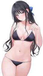 1girls black_bikini black_hair blush blushing earrings female female_only hair_ribbon light-skinned_female light_skin looking_at_viewer medium_breasts purple_eyes solo solo_female swimsuit tagme underwear wide_hips xretakex