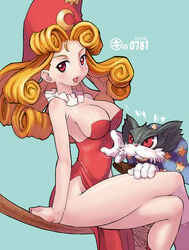 1girls 2005 :d areola_slip areolae bangs bare_shoulders blush boots breasts broom broom_riding cape cleavage crescent crossed_legs curly_hair dress female gabriel gabriel_(princess_crown) gloves hat jewelry kei_jiei large_breasts legs long_hair looking_at_viewer necklace no_bra open_mouth orange_hair princess_crown proserpina red_eyes side_saddle_position side_slit sideboob simple_background sitting smile solo witch witch_hat