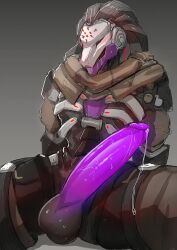 absurd_res agitype01 anthro balls big_balls big_penis blizzard_entertainment clothed clothing crocodilian crocodylid erection genitals hi_res humanoid humanoid_genitalia humanoid_penis machine male male_focus male_only overwatch overwatch_2 partially_clothed penis purple_penis ramattra reptile robot scalie solo_male video_games