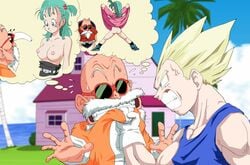 angry breasts bulma's_panty_flash bulma's_top_drop bulma_briefs dragon_ball dragon_ball_(classic) dragon_ball_z highres master_roshi nipples nude straight_hair super_saiyan vegeta