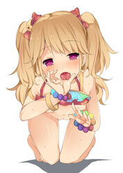 aikatsu! barefoot blonde_hair blush bow bracelet breasts eguegu fellatio_gesture female hairbow jewelry kneeling legs long_hair looking_at_viewer natsuki_mikuru nipples open_mouth pussy red_eyes small_breasts solo sweat tongue tongue_out two_side_up uncensored