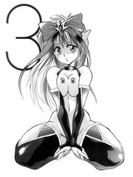 big_breasts bow breasts clothing coopa druaga_no_tou female female_only front_view monochrome simple_background solo stockings tagme white_background