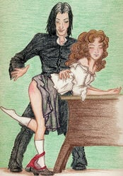 1boy 1girls age_difference artist_request ass bare_ass bare_shoulders bent_over black_clothing black_hair brown_hair closed_eyes clothed clothed_female clothed_male clothing clothing_aside color crayon_(artwork) curly_hair dead_source duo female footwear full_body green_background hair harry_potter hermione_granger leg_up light-skinned_female light-skinned_male light_skin long_hair long_hair_male long_sleeves male miniskirt older_male open_shirt panties panties_around_leg panties_down red_panties red_underwear school_uniform schoolgirl severus_snape shirt shirt_down shoes shoulders side_view skirt skirt_up sleeves socks spank_marks spanking spanking_ass standing standing_on_one_leg straight student table tagme teacher teacher_and_student teeth teeth_clenched underwear unprofessional_behavior younger_female