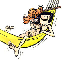 1boy 1girls black_lips black_lipstick cum_on_face erection gaston_lagaffe hammock handjob happy_sex hetero jeanne long_nose penis round_eyewear round_sunglasses simple_background small_areolae small_breasts small_nipples smile spirou_magazine straight sunglasses tagme white_background