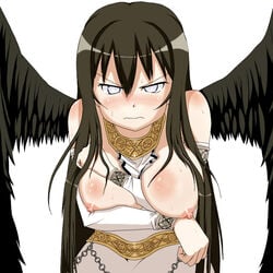 angry arm_between_breasts arm_support between_breasts black_hair black_wings blush breasts deep_skin detached_sleeves embarrassed huge_breasts large_breasts long_hair mabinogi morrighan negetsu nipples sweat very_long_hair white_eyes wings