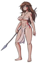 1girls abs brown_eyes brown_hair dark-skinned_female earrings facepaint female jewelry jungle_girl large_breasts loincloth long_hair muscular_female necklace original original_character paulgq spear tribal voluptuous warpaint warrior