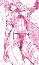 1girls abs asaga_aoi bare_shoulders cape eclair_farron elbow_gloves female female_only final_fantasy final_fantasy_xiii fingerless_gloves gloves hairy long_hair looking_down monochrome muscle muscular_female open_clothes open_coat panties pubic_hair sketch solo sweat thong trenchcoat underwear