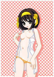 brown_eyes brown_hair hairband highres mound_of_venus nipples no_bra open_clothes open_shirt panties panty_pull royalwatts shirt short_hair side-tie_panties suzumiya_haruhi suzumiya_haruhi_no_yuuutsu tongue underwear