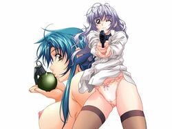 2girls bra breasts chidori_kaname female female_only full_metal_panic grenade gun multiple_girls tagme teletha_testarossa thighhighs weapon white_background