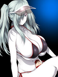 alternate_hairstyle barefoot bikini bird black_bikini blue_eyes breasts breasts_bigger_than_head cleavage colored_skin expressionless eyebrows_visible_through_hair female hair_over_one_eye hataraku_saibou hataraku_saibou_black highres huge_breasts long_hair looking_at_viewer micro_bikini side-tie_bikini sidelocks silver_hair sitting skindentation solo swimsuit tsukasawa_takamatsu twintails u-1196 visor_cap water white_blood_cell_(hataraku_saibou) white_skin